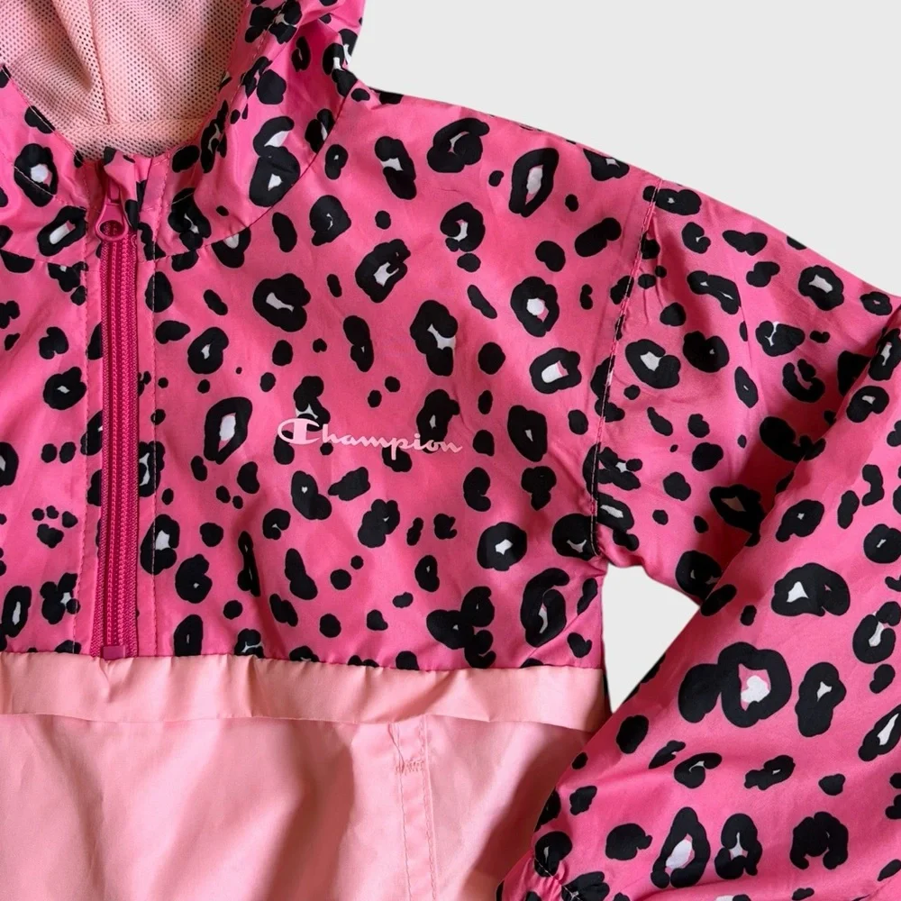 Champion Girls Pink Black Leopard Hooded Windbreaker Jacket Size 4T Lightweight